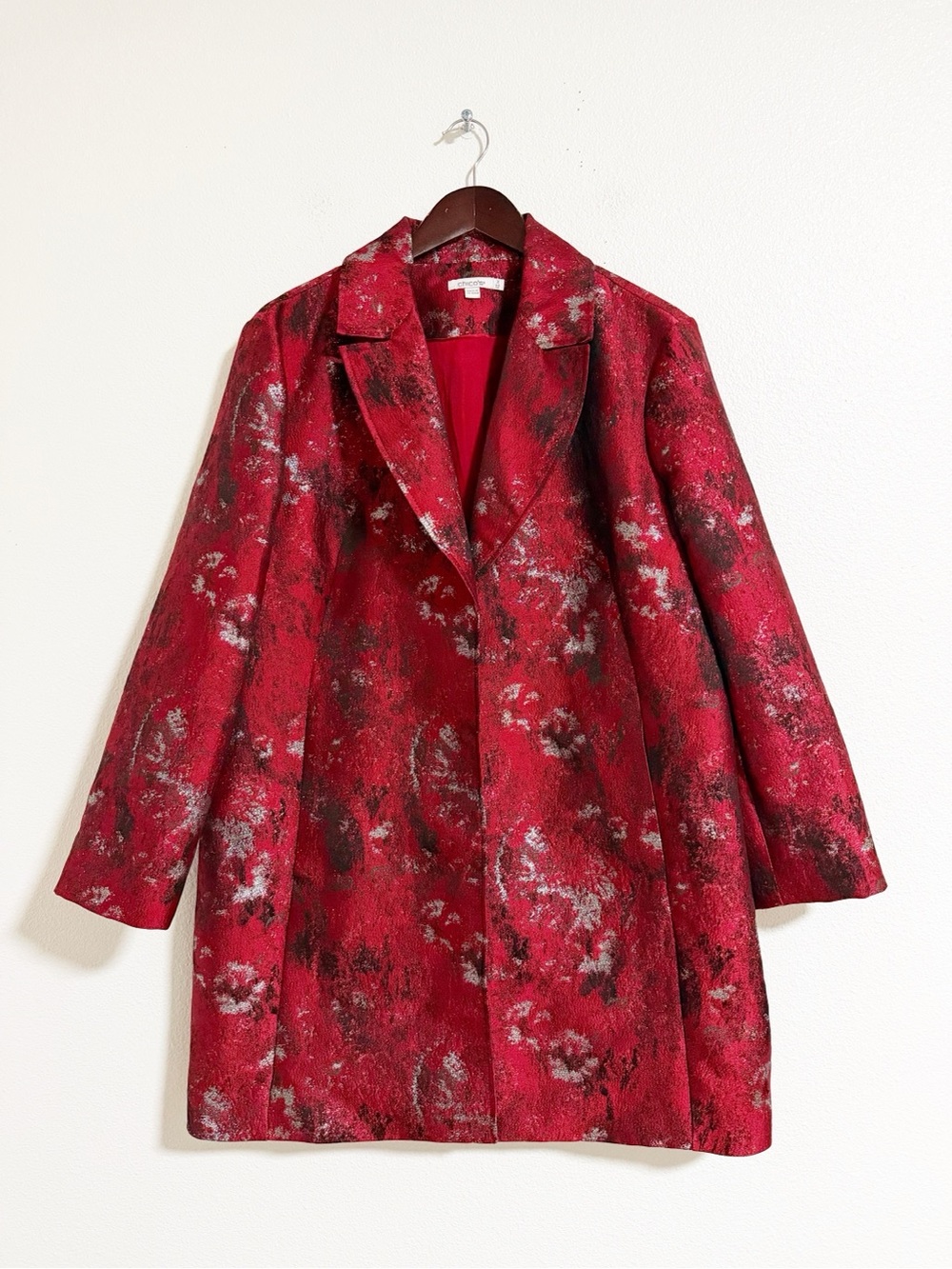 Chicos Metallic Jacquard Topper Overcoat Red Size 16 - Picture 2 of 12